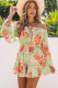 Green Boho Floral Print Tie Front Flounce Sleeve Romper for Women