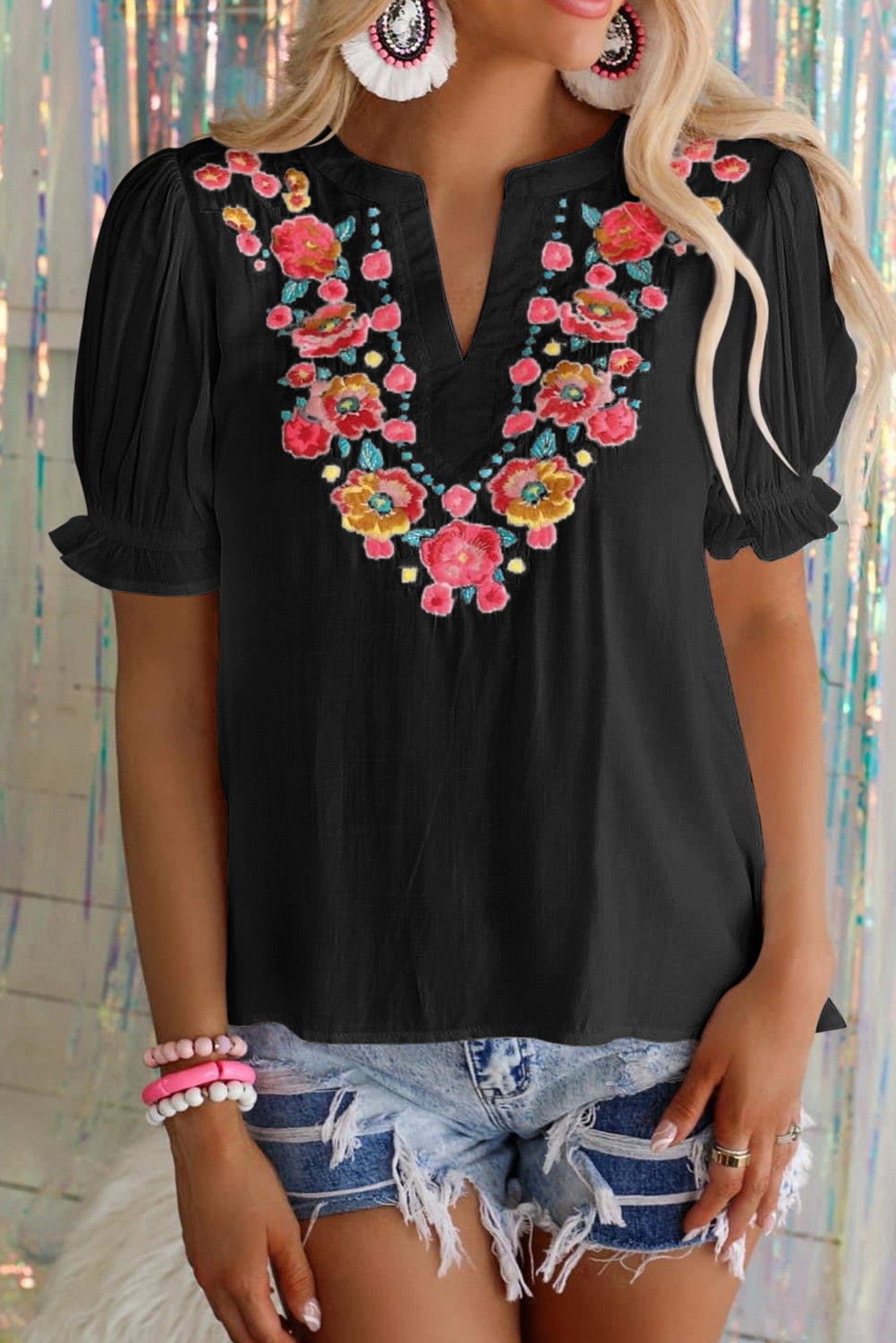 US$ 13.44 - Black Floral Embroidered Ruffled Puff Sleeve Blouse - www ...