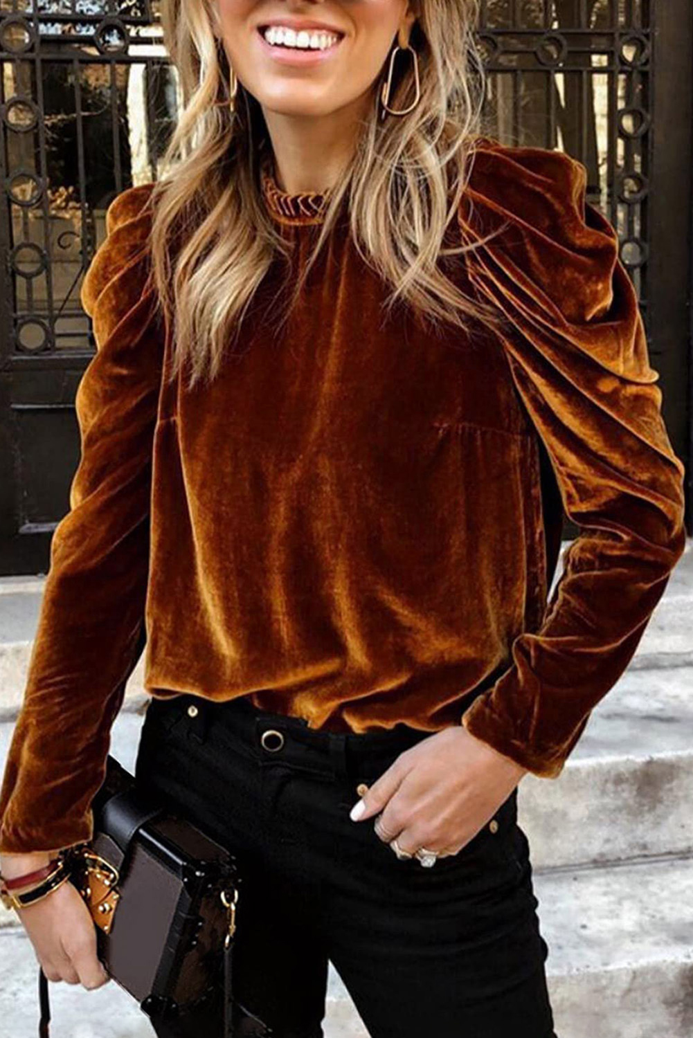 Threaded Pear Gwynn Frilled Neck Buttoned Front Velvet Top
