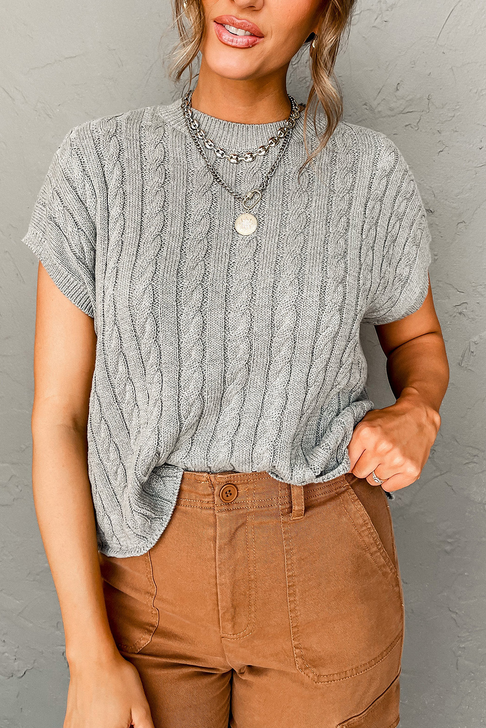 US 12.02 Gray Crew Neck Cable Knit Short Sleeve Sweater www