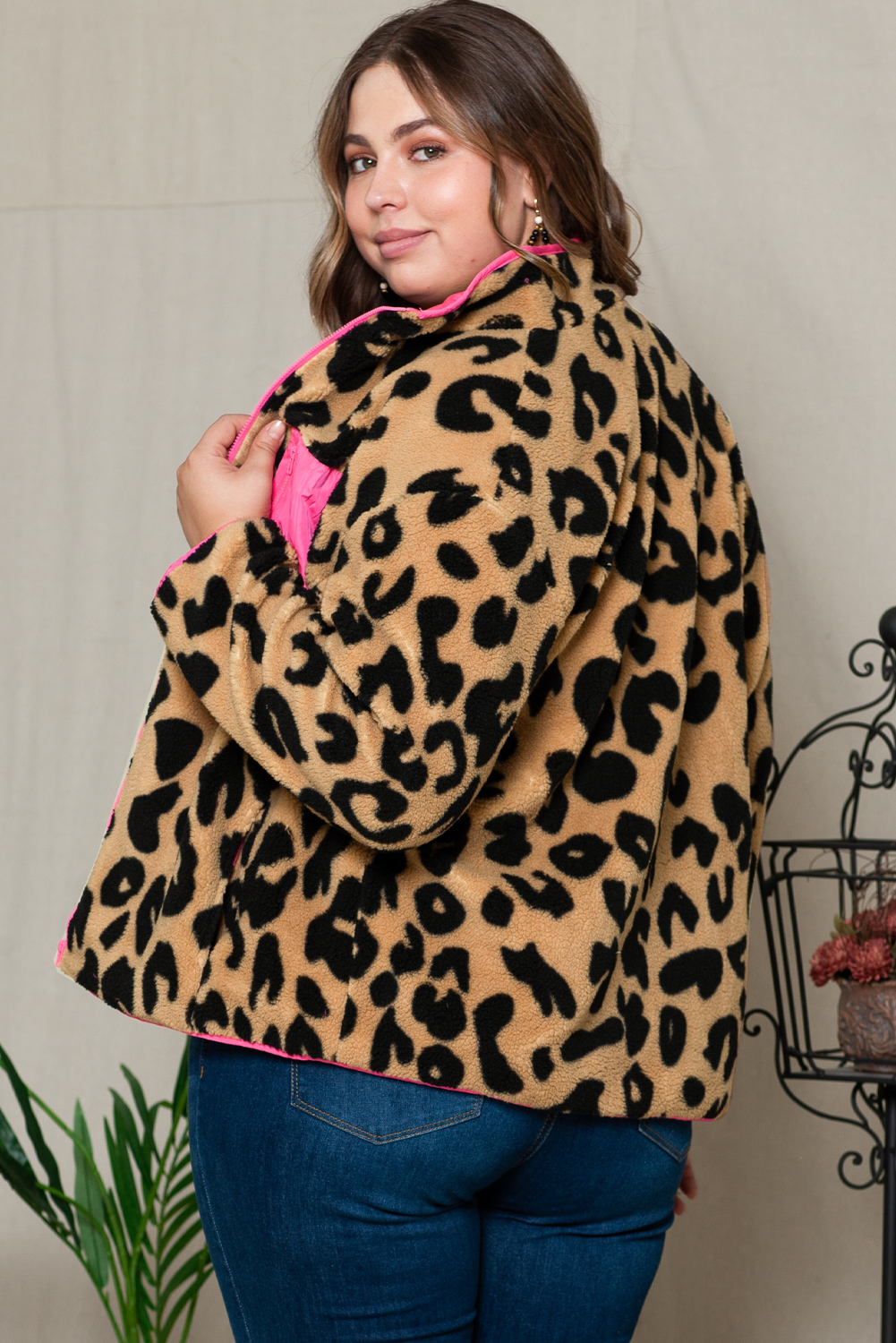 Leopard Plus Size Color Block Chest Pocket Sherpa Jacket Wholesale $ 25 ...