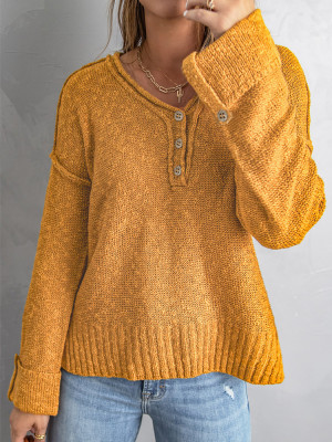 Buttoned Knitted Drop Shoulder Sweater