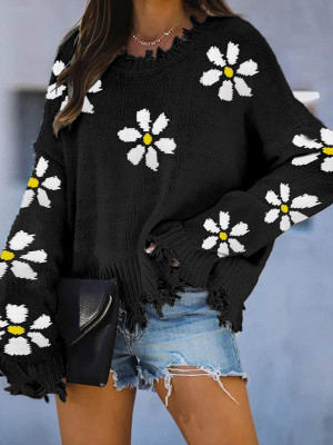 Black Distressed Wild Flower Sweater