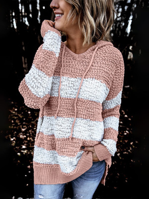 Pink Color Block Side Slit Knitted Hooded Sweater
