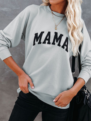 Gray MAMA Print Long Sleeve Pullover Sweatshirt