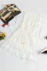 Vestido de empalme de encaje de malla de lunares con cuello en V y cintura elástica blanco