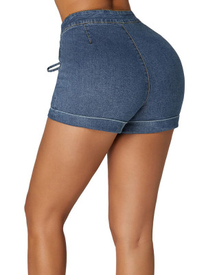 Shorts de jean de algodón azul con cordones en la parte delantera