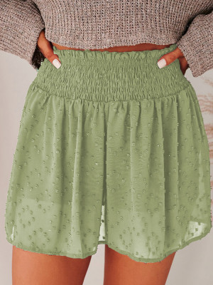 Shorts casuales de lunares suizos con cintura fruncida en verde