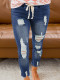 Jeans rasgados con agujeros en la cintura elástica con cordón azul