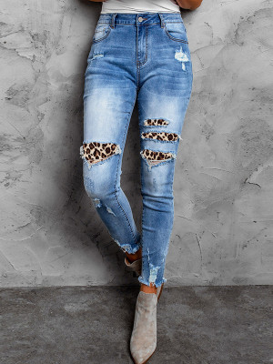 Pantalones de cintura alta de tobillo pitillo desgastados con patchwork de leopardo