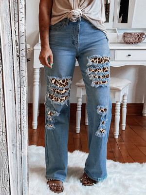 Jeans de pierna recta de cintura alta desgastados con patchwork de leopardo