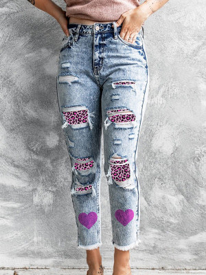 Jeans azul cielo San Valentín leopardo rosa patchwork con gráfico de corazón