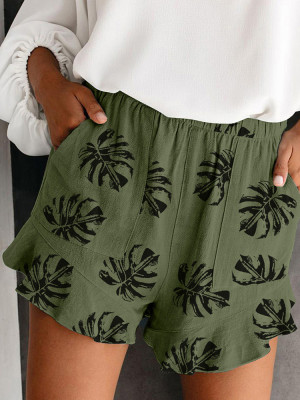 Green Palm Tree Leaves Print Elastic Waist Shorts with Pocket