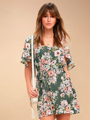 Green Hollow-out Back Floral Dress