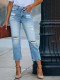 High Rise Button Front Distressed Denim Pants
