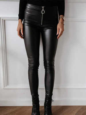 Black Solid Skinny Zipper PU Pants