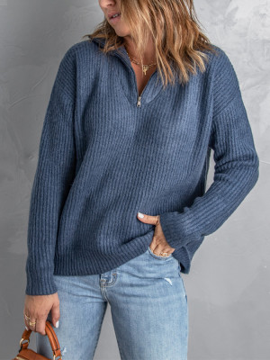 Blue Zip Neck Knitted Sweater