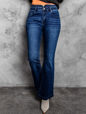 Blue High Rise Buttoned Flared Jeans