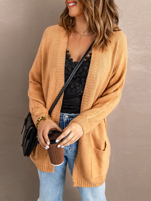 Khaki Open Front Knitted Cardigan with Pocket