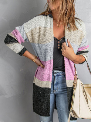 Contrast Color Block Open Front Knitted Cardigan