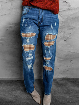 Plaid Patchwork Straight Jeans