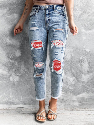 Valentine Love Heart Print Patchwork Distressed High Rise Jeans
