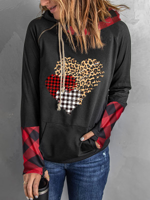 Valentine Plaid & Leopard Heart Graphic Hoodie