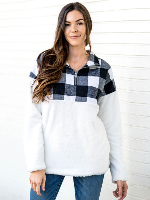 Fuzzy Pullover with Black Plaid Detail