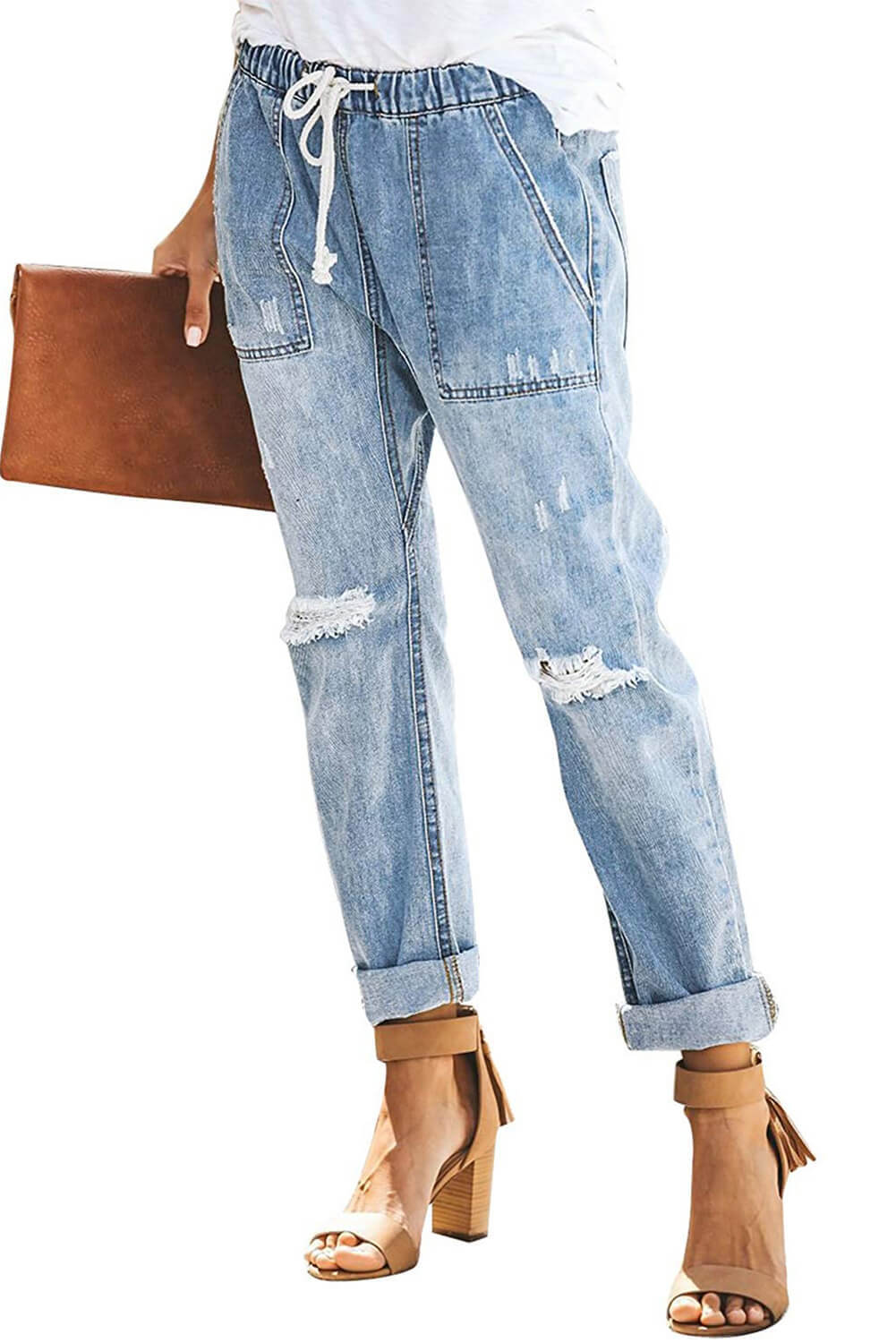 distressed pocketed denim joggers