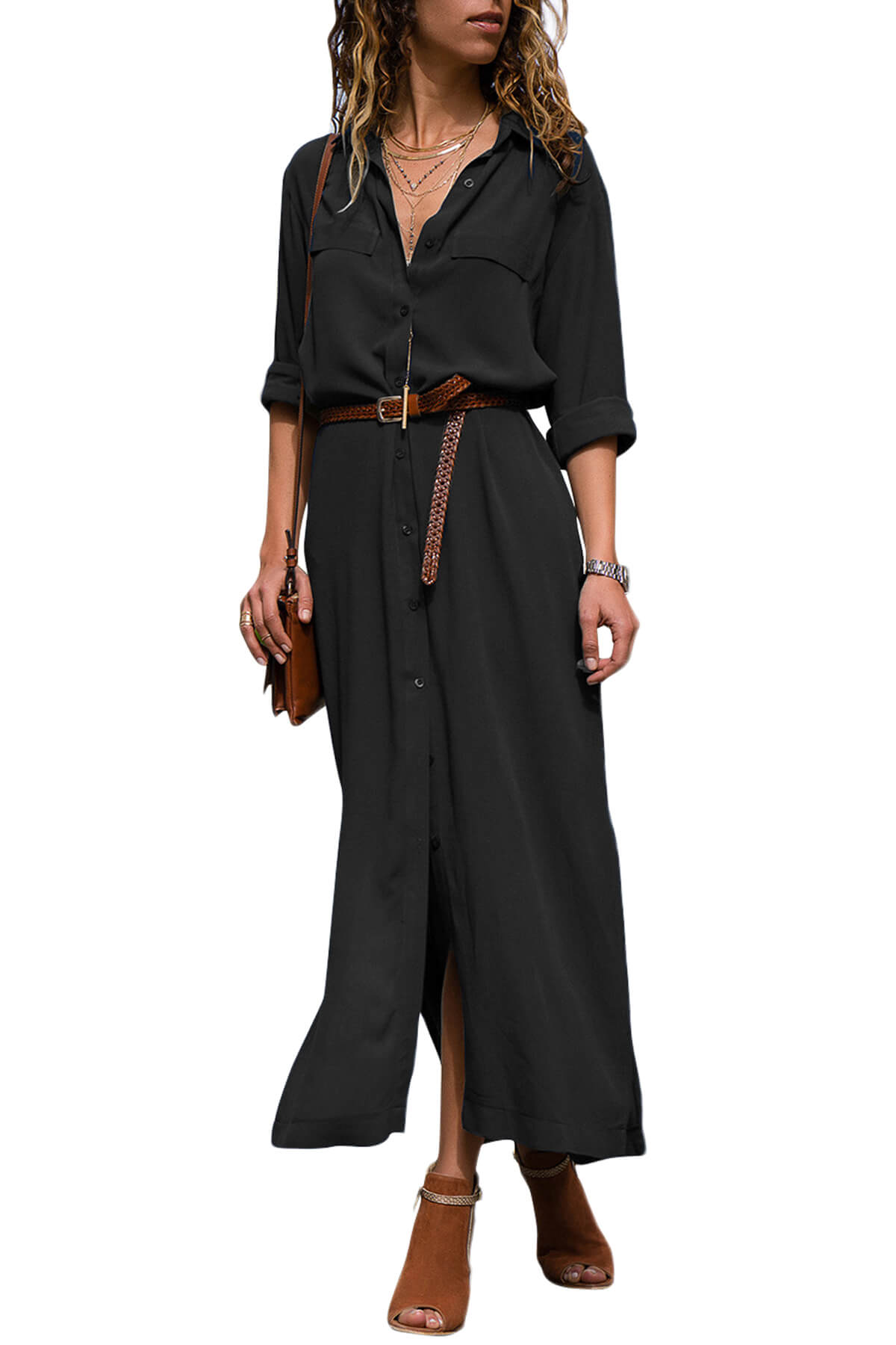 Black Slit Maxi Shirt Dress with Sash - (US 12-14)L