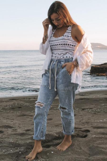 distressed pocketed denim joggers