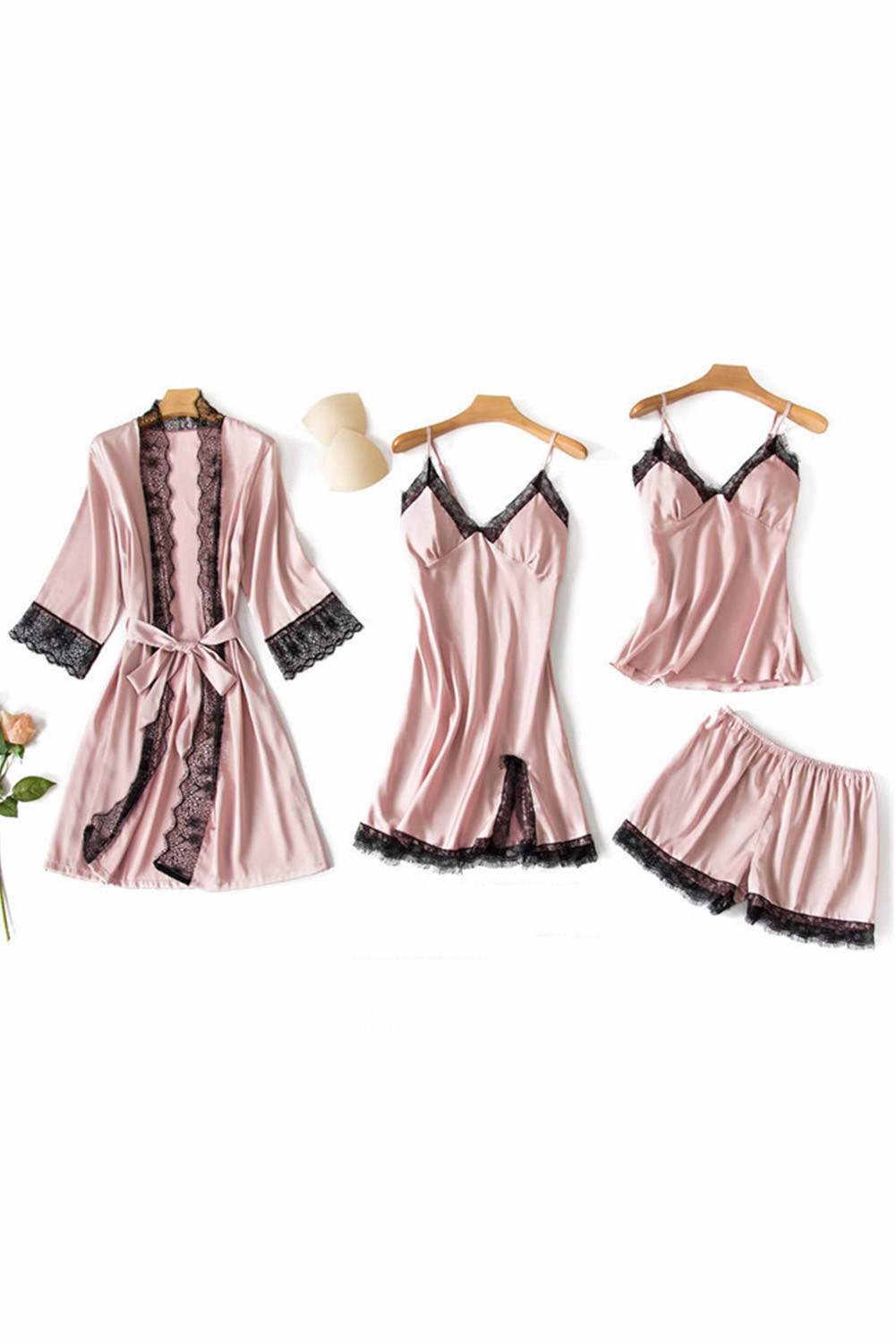 US$16.9 Peach 4PCS Lace Lingerie Nightwear Satin Sleepwear Dress ...
