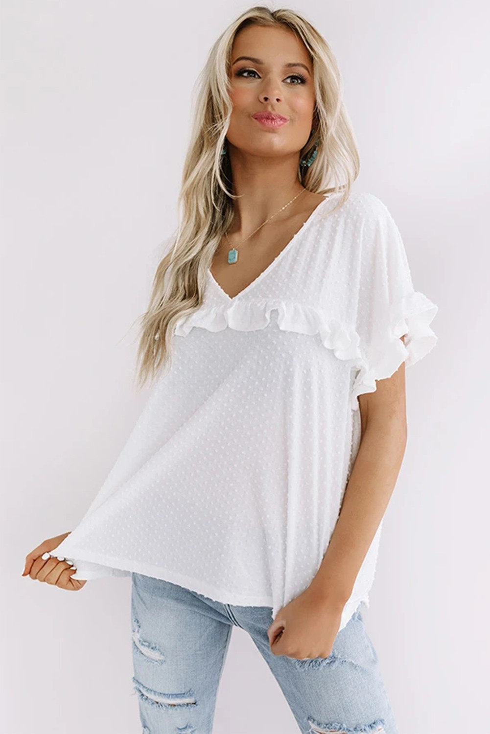 US$5.1 White V Neck Ruffle Dotted Short Sleeve Top Wholesale - www.dear ...