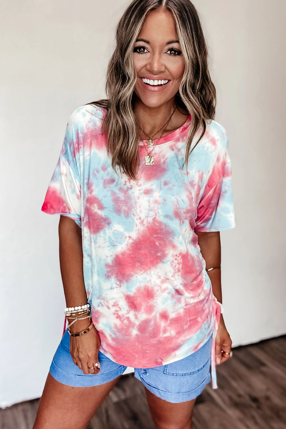 US$5.54 Red Ruched Side Tie Dye T-shirt Wholesale Online