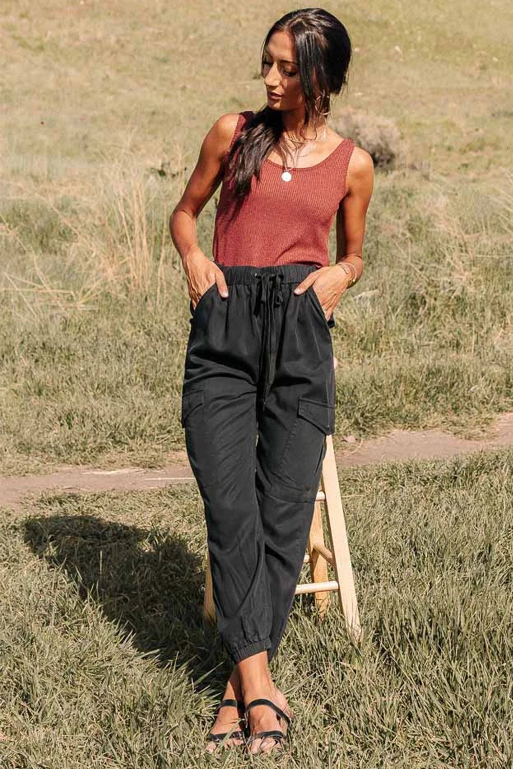 US$6.98 ElasticTie Waist Black Joggers Wholesale Online