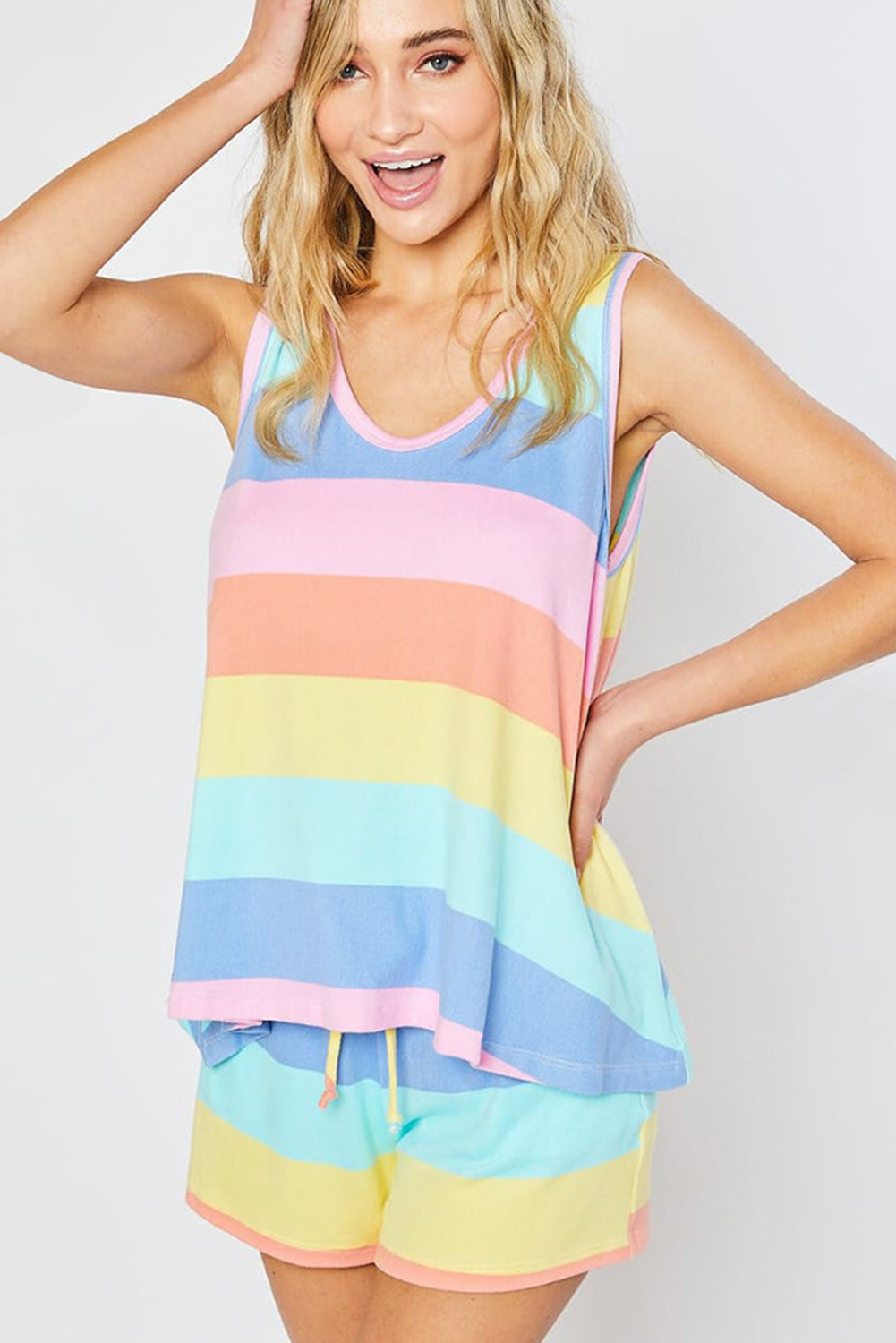 US$8.8 Super Soft Rainbow Stripe Tank Top & Shorts Set Wholesale - www.dear-lover.com