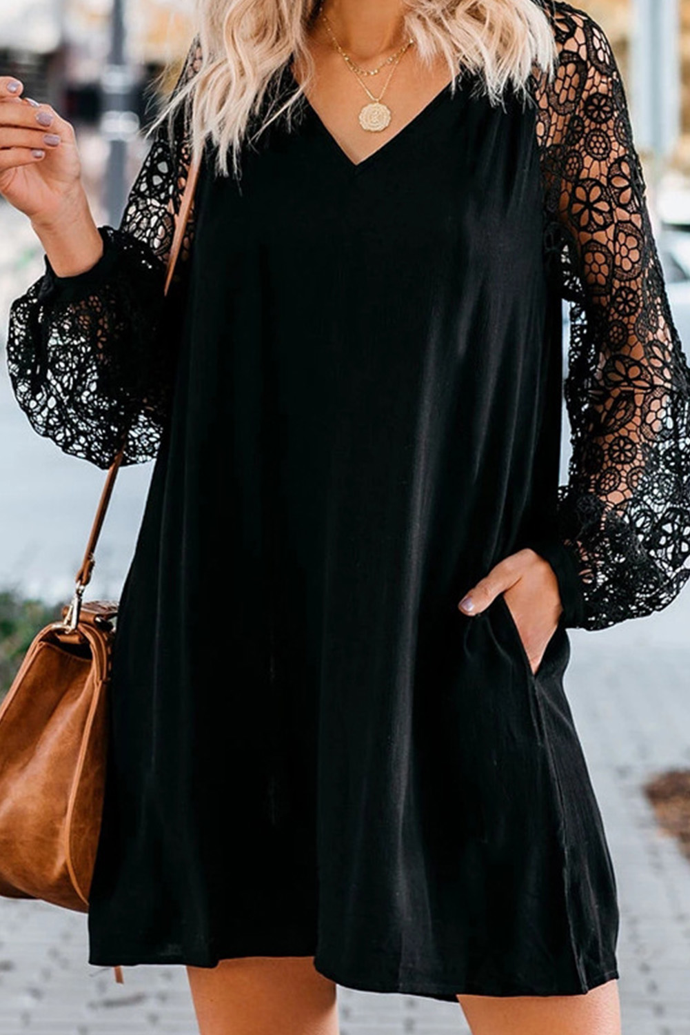 Black Lace Long Sleeves Shift Above Knee Dress - (US 8-10)M