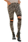 Floral Hollow Out Brown Leopard Printed Skinny Leggings