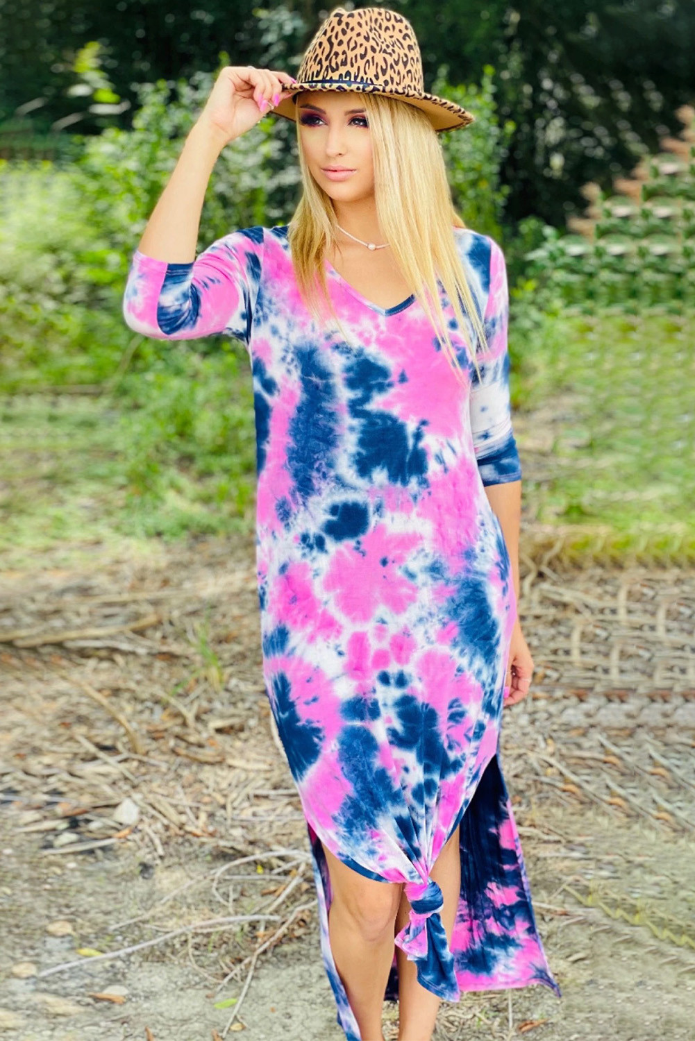 US$8.8 Blue Pink Tie-dye Maxi Dress with Slits Wholesale Online