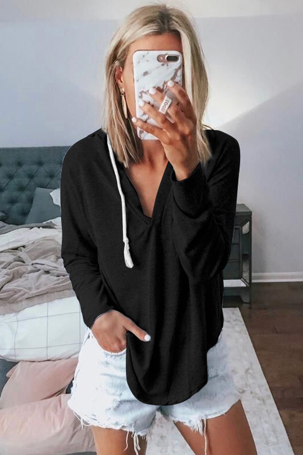 US$6.4 Black Drawstring V Neck Hoodie Loungewear Wholesale Online