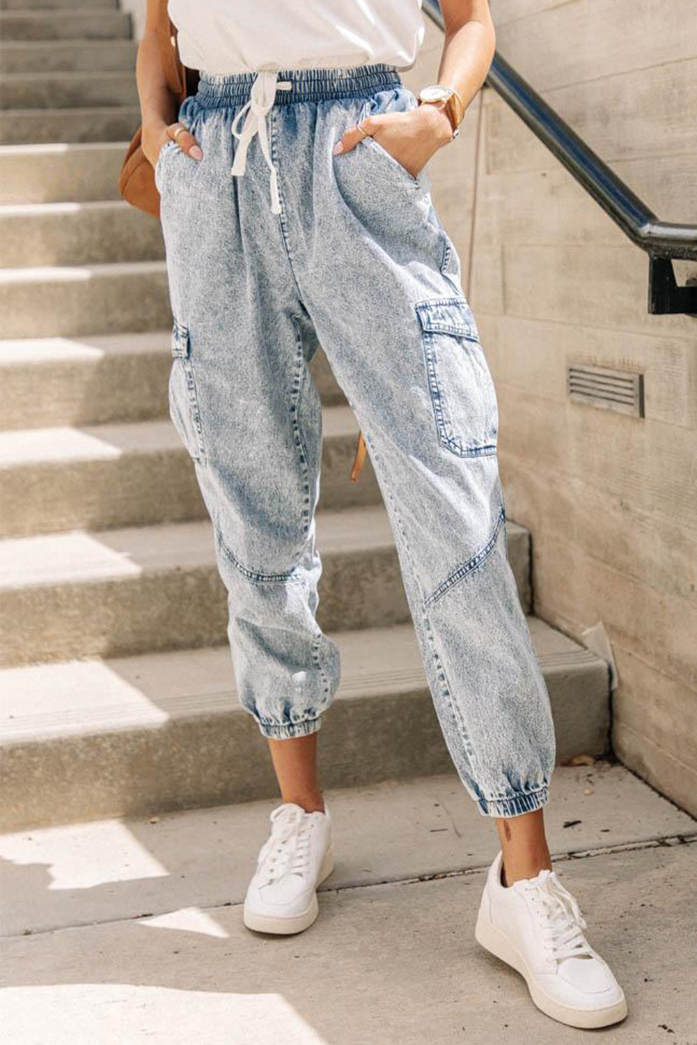 denim cargo joggers women's