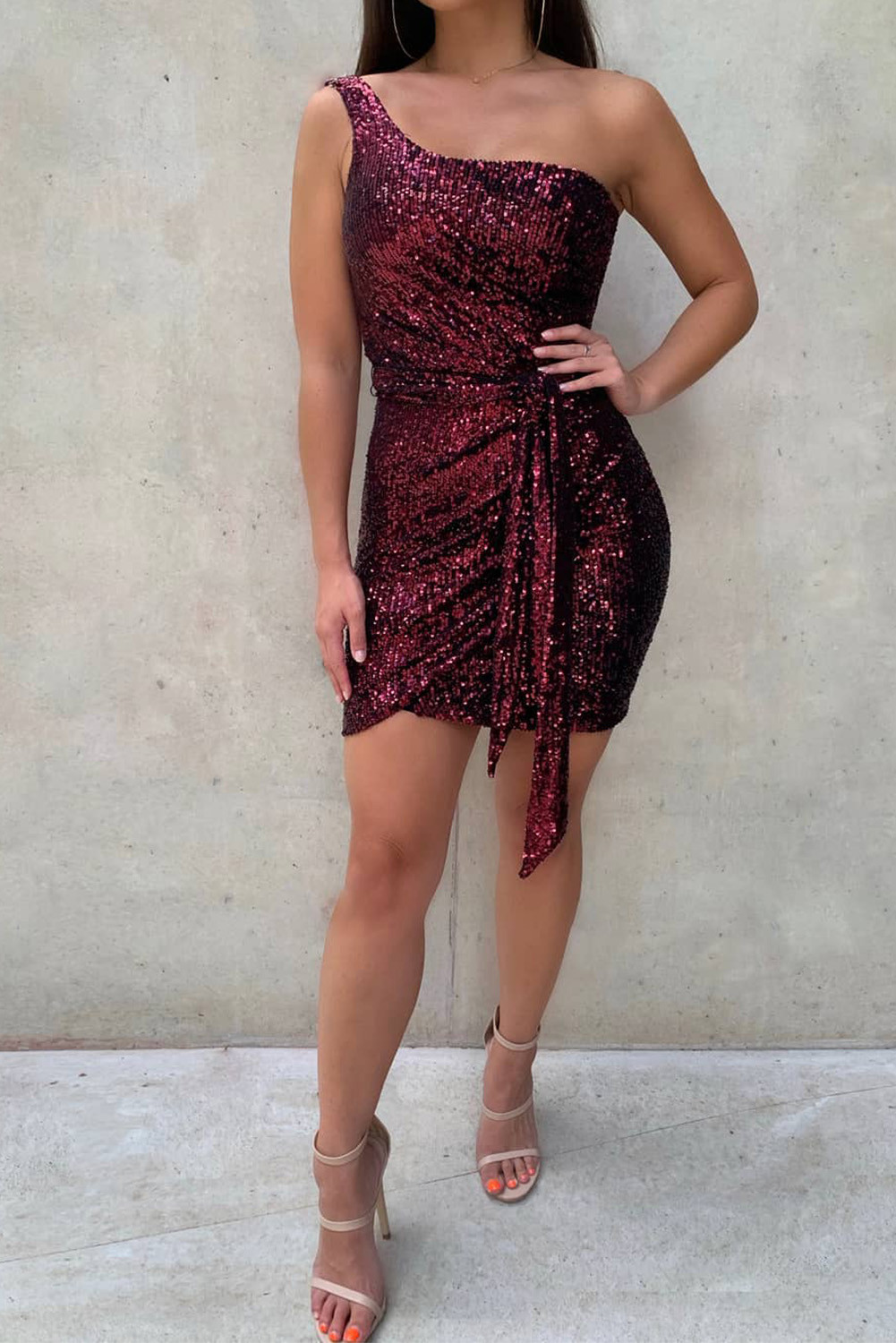 sequin one shoulder gown