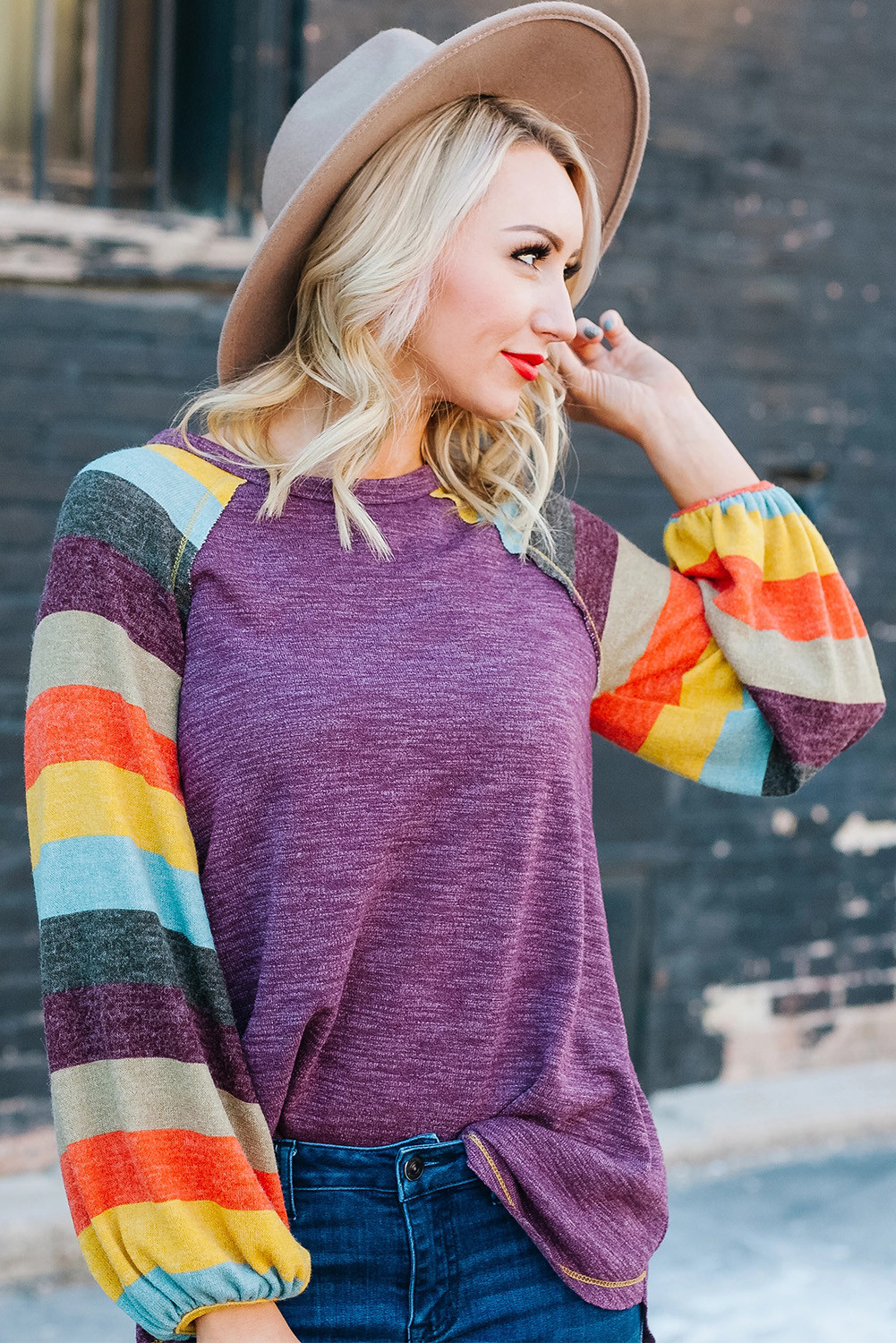 striped balloon sleeve top