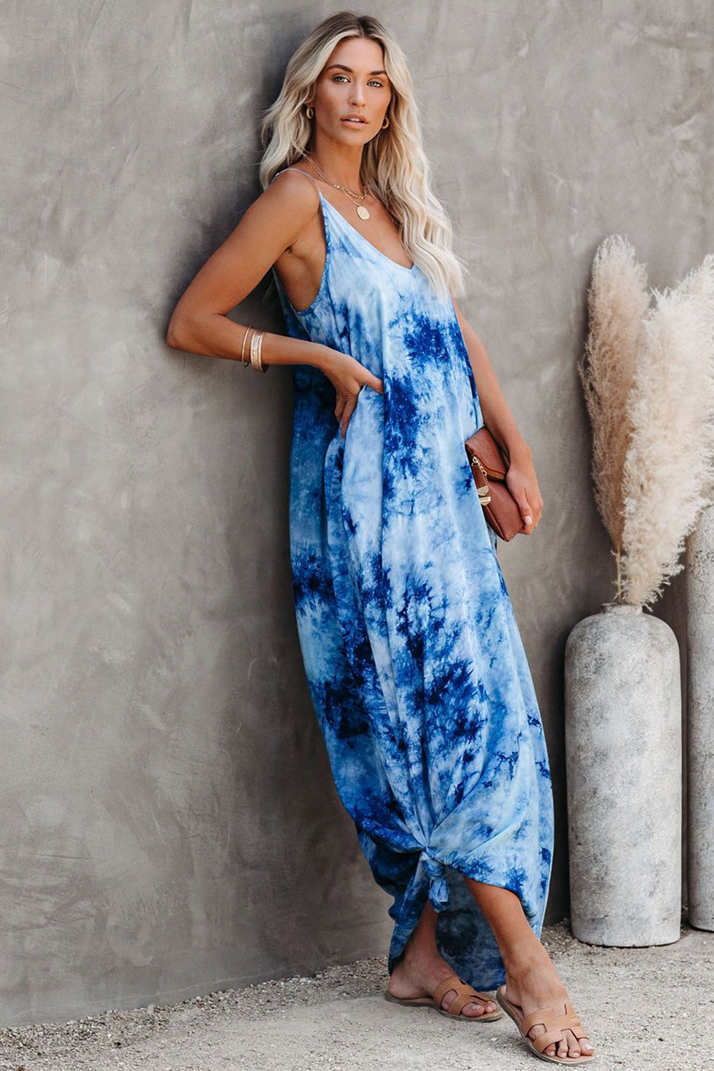 US$9.9 Blue Pocketed Tie-dye Maxi Dress Wholesale Online