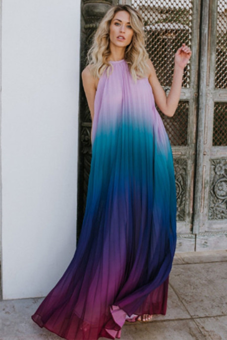 US$11 Purple Halter Ombre Colorblock Pleated Maxi Dress Wholesale - www ...
