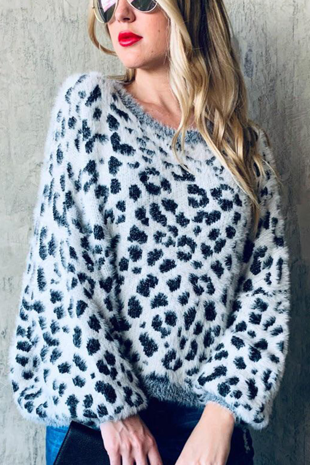 Gray Leopard Casual Side Slit High Neck Oversized Sweater main image 1