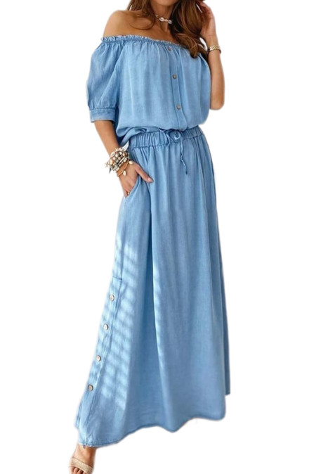 US$10.98 Denim Blue Off Shoulder Top & Skirt Set Wholesale Online
