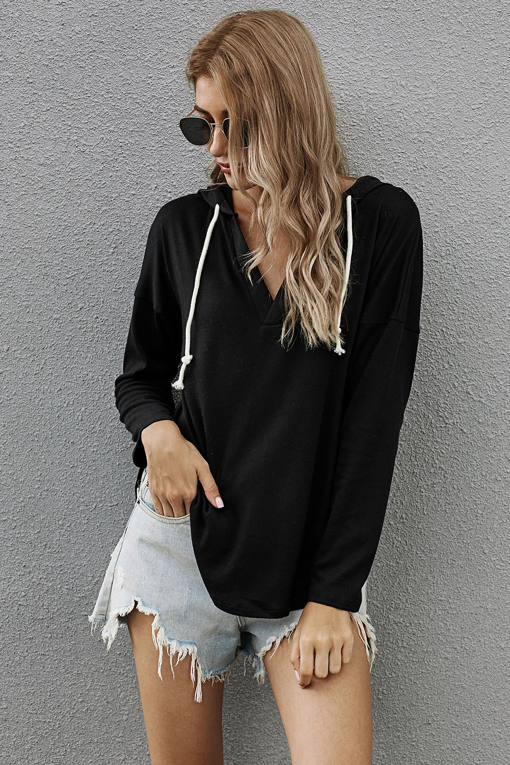 US$6.4 Black Drawstring V Neck Hoodie Loungewear Wholesale Online