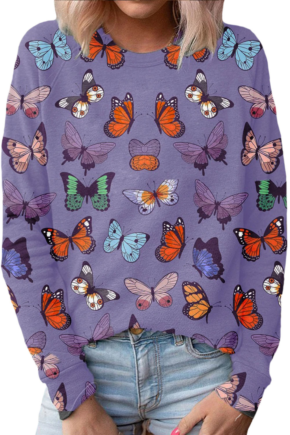 US7.98 Purple Butterfly Print Sweatshirt Wholesale