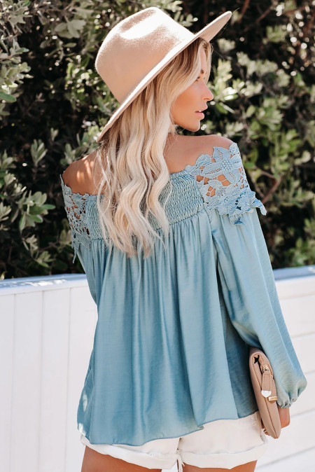 US$5.7 Sky Blue Blooming Lace Off The Shoulder Top Wholesale - www.dear ...